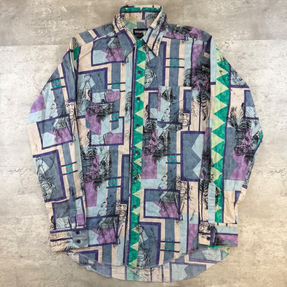 Vintage Wrangler Cowboy Cut Western Shirt Geometric Portrait Print 16x35 Purple